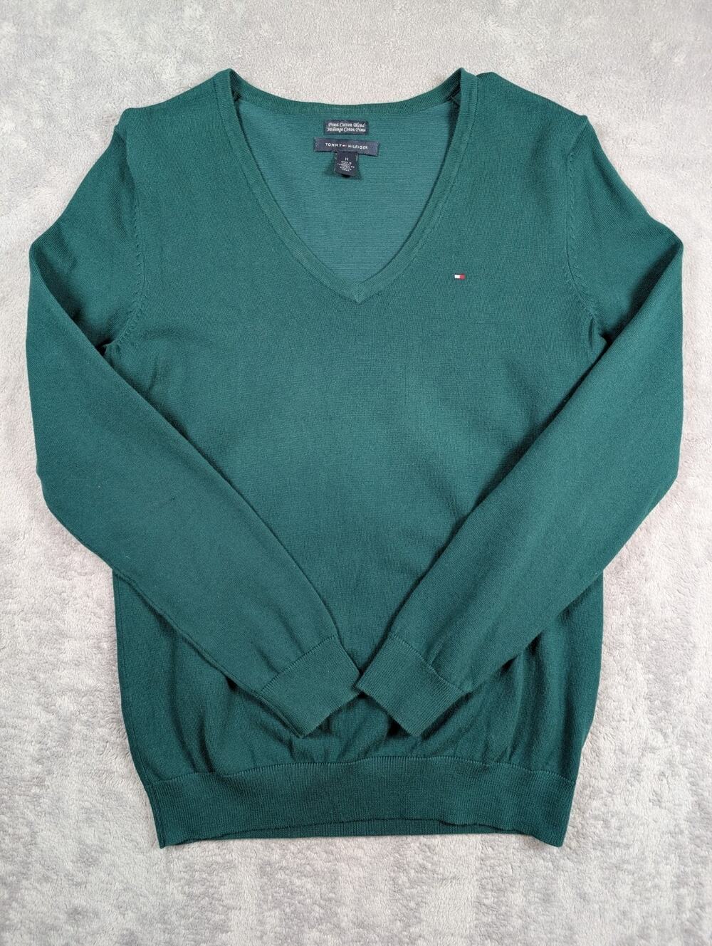 Tommy Hilfiger Sweater Womens Medium Green V Neck Pima Cotton Knit Soft